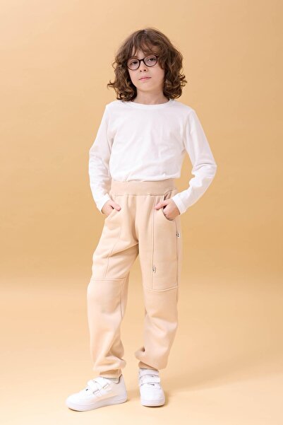 Perendi Παχύ Jogger Unisex Παιδικό Φούτερ με Τσέπες Μπεζ