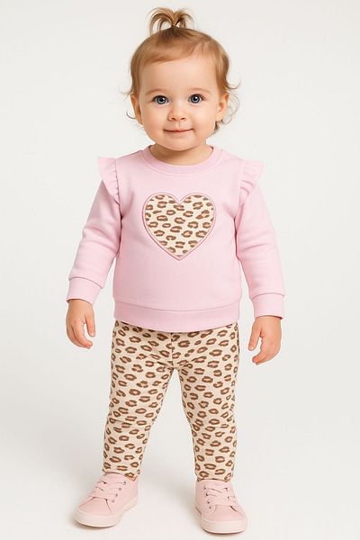 MixMax Bebe Baby Girl Heart Leopard Print Long Sleeve Bottom Top Set 100% Cotton