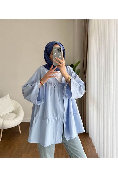 RFK Butik Women's Drawstring Front Tie Poplin Kimono Blue