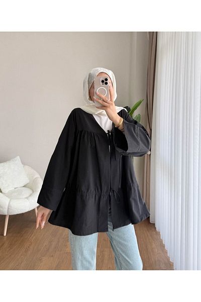 RFK Butik Women's Drawstring Front Tie Poplin Kimono Black