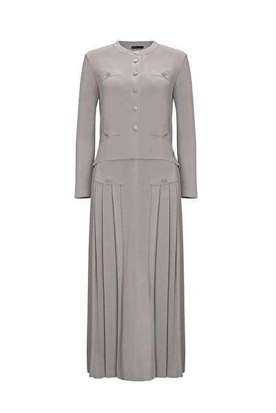 Dalida Gray Front Button Pocket Cover Knitwear Flared Skirt T25Y-2006