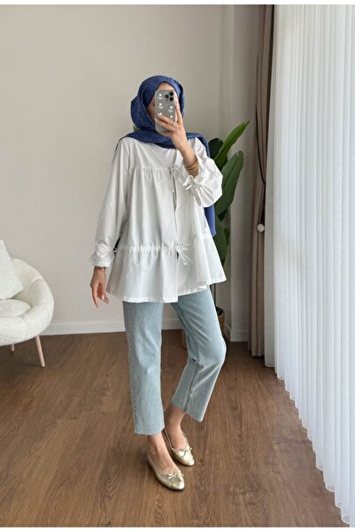 RFK Butik Women's Drawstring Front Tie Poplin Kimono White