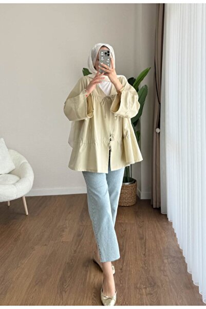 RFK Butik Women's Drawstring Front Tie Poplin Kimono Light Green