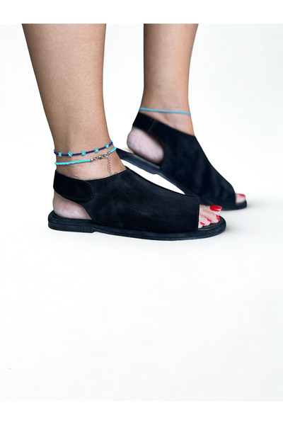 NE&VE SHOES Γυναικεία καθημερινά σανδάλια από γνήσιο δέρμα μαύρου σουέτ με Ve...