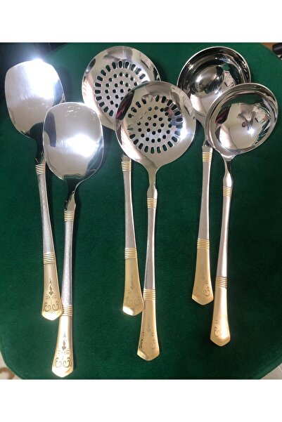 oktuay Kepçe, Kevgir, Kaşık - Gold Saplı 3 lü Çelik Mutfak Seti
