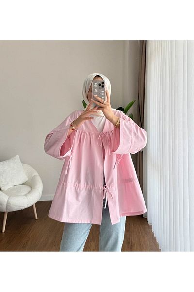 RFK Butik Women's Drawstring Front Tie Poplin Kimono Pink