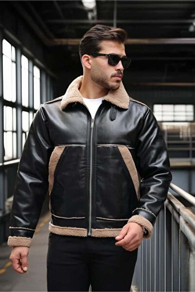 Valiberta Vintage Fur Detailed Men's Leather Jacket / Coat - Black