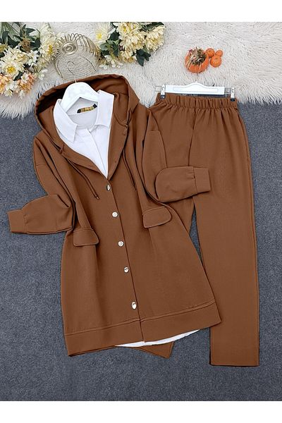 Modamorfo Hooded, flap pocket pants suit -tan