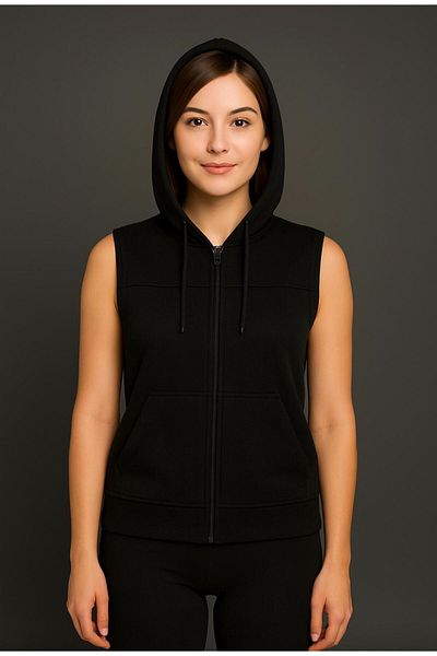 AXXEL Women's Black Zippered Hooded Kangaroo Pocket Sleeveless Vest-Y1142-K
