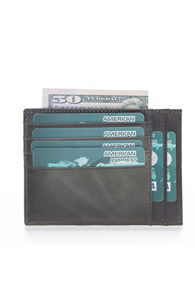 PLM Leather Card Holder, Coin Compartment, 6 Card Compartments, Gray with Effects