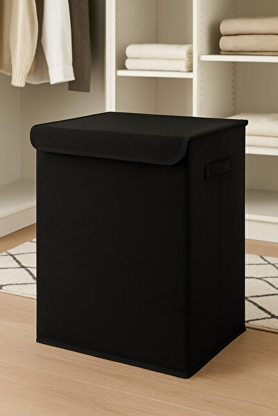 PH Prendi Home Siyah Kapaklı Katlanır Kirli Çamaşır Çocuk Odası Oyuncak Saklama Kutusu Sepet 40x50x30