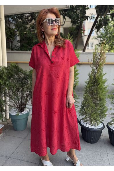 DenizEge Embroidered Button Dress Red