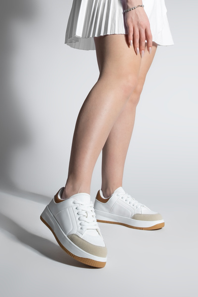 Marjin Women's Sneaker Thick Sole Suede Detail Sports Shoes Hinos Beige