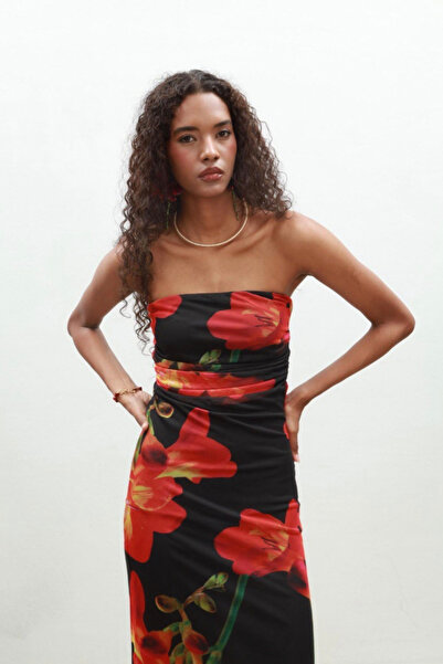 MoyStore Black Rose Pattern Strapless Midi Dress