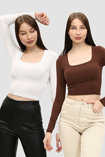 LAENT Kadın Beyaz Kahverengi Kare Yaka 2'li Crop Body
