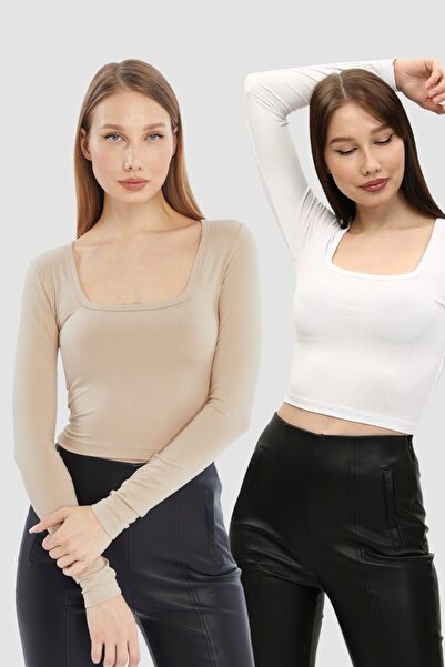 LAENT White Cream Square Collar - 2-Piece Women's Crop Body Set