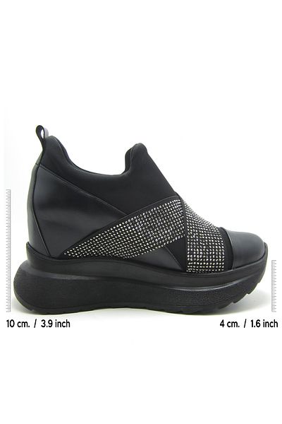 Erkan Saçmacı Lopez Exclusive Black Stretch Stone Hidden Wedge Heeled Casual Shoes