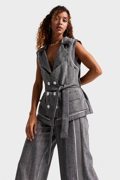 its basic Women's Gray Color Double Breasted Cut Inside Lined Belt Detailed Special Design Vest