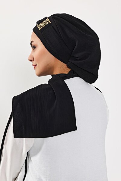 Aisha's Design Aerobin Fabric Ready-Made Turban with Gold Accessories, Ht-11A, Black