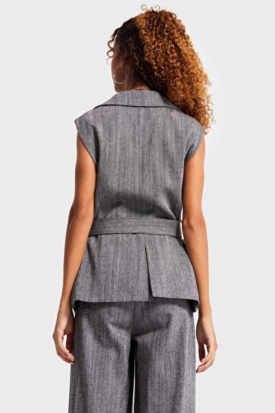 its basic Women's Gray Color Double Breasted Cut Inside Lined Belt Detailed Special Design Vest