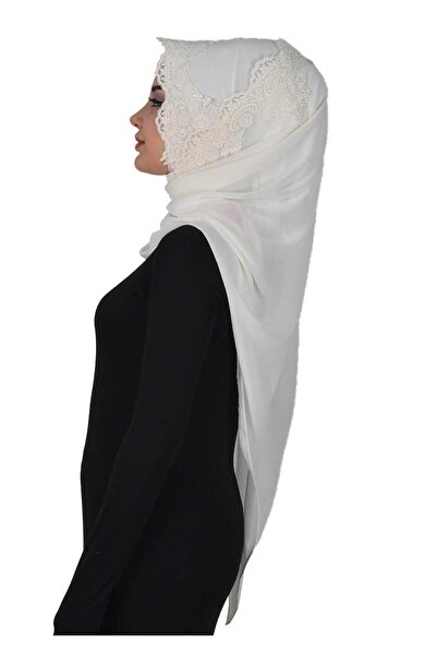 Ayşe Tasarım Special Design Front Lace Embroidered Practical Chiffon Shawl,Ps-25,Cream