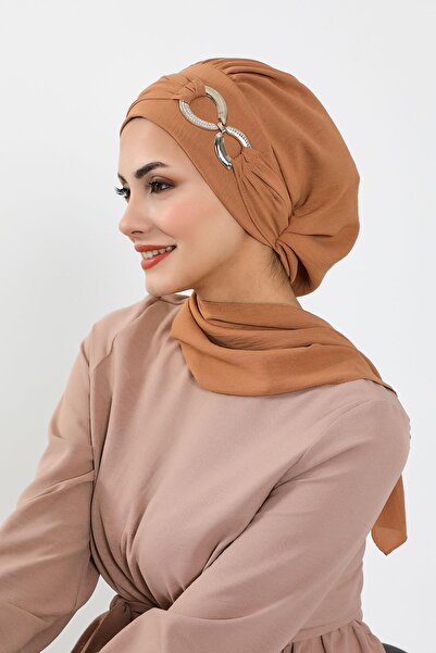 Aisha's Design Aerobin Fabric Ready-Made Turban with Accessories, Ht-94, Camel