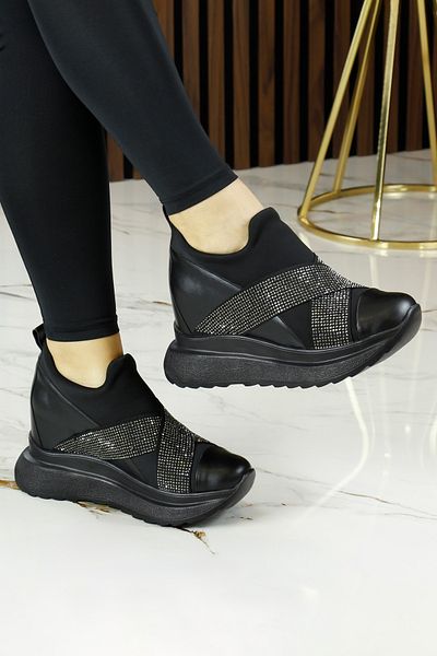 Erkan Saçmacı Lopez Exclusive Black Stretch Stone Hidden Wedge Heeled Casual Shoes