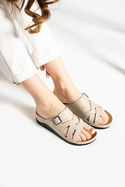 Budaks Women's Slippers Cream Wedge Heel Daily Slippers Comfortable Lightweight Stylish Young Mother Slippers