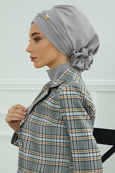 Aisha's Design عمامة جاهزة من قماش ايروبين مع ملحقات، HT-95، رمادي