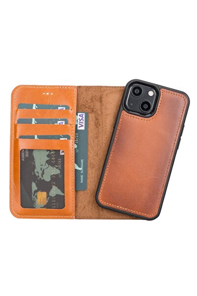 PLM Apple iPhone 13 Mini Uyumlu Deri Cüzdanlı Kılıf RST2EF Taba