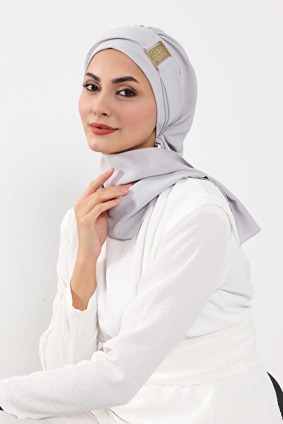 Aisha's Design عمامة جاهزة قابلة للتغطية مع إكسسوارات ذهبية، رمادي فاتح، HT-11A