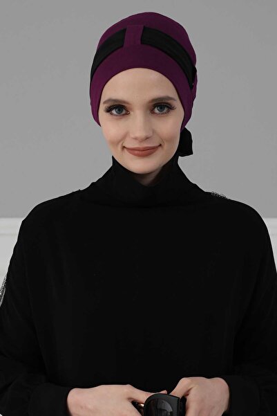 Ayşe Tasarım بونيه قطني ممشط بحزام من الشيفون، B-36، بنفسجي - أسود