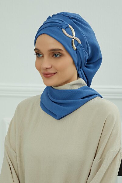 Aisha's Design Έτοιμο τουρμπάνι από ύφασμα Aerobin με αξεσουάρ, HT-94, Μπλε