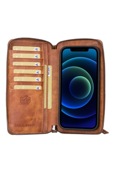Bouletta Apple Iphone 13 Deri Fermuarlı Cüzdan Kılıf Magsafe Rfıd Tn11 Taba