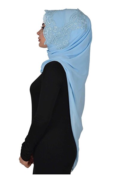 Ayşe Tasarım Special Design Front Lace Embroidered Practical Chiffon Shawl,Ps-25,Baby Blue