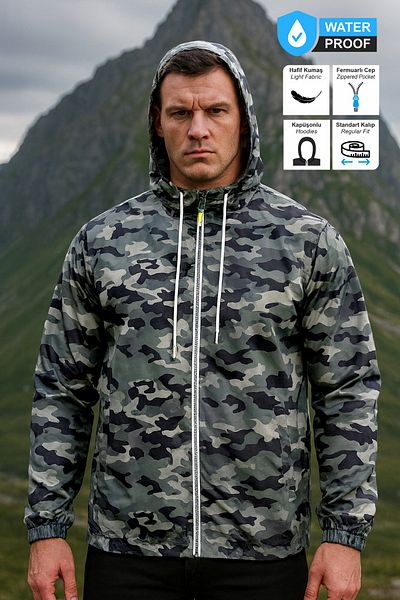 BESSA Camouflage Raincoat Water Resistant Seasonal Fabric Hooded Zipper Pocket Mesh Inner Design Men