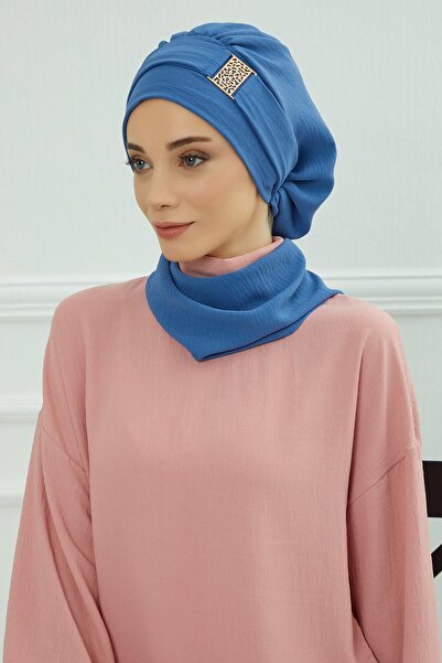 Aisha's Design Aerobin Fabric Ready-Made Turban with Gold Accessories, Ht-11A, Blue