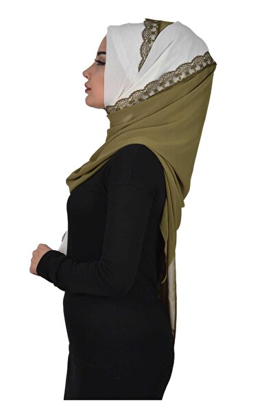 Ayşe Tasarım Practical Chiffon Shawl, Ps-23, Cream - Khaki Green