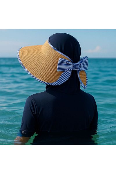 Axesoire 14531 Μπεζ ανοιχτό καπέλο με φαρδύ ψάθινο γείσο με μπλε ριγέ φιόγκο