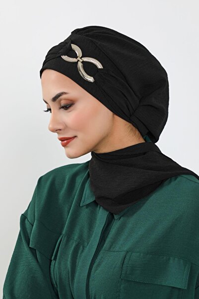Aisha's Design Aerobin Fabric Ready-Made Turban with Accessories, Ht-94, Black