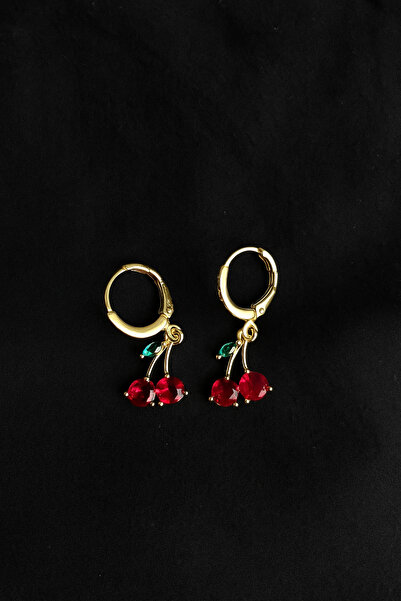 TWOGAN Kadın Kiraz Tasarımlı Çelik Yaz Küpesi, Gold Renk, Kırmızı, Yeşil Taşlı