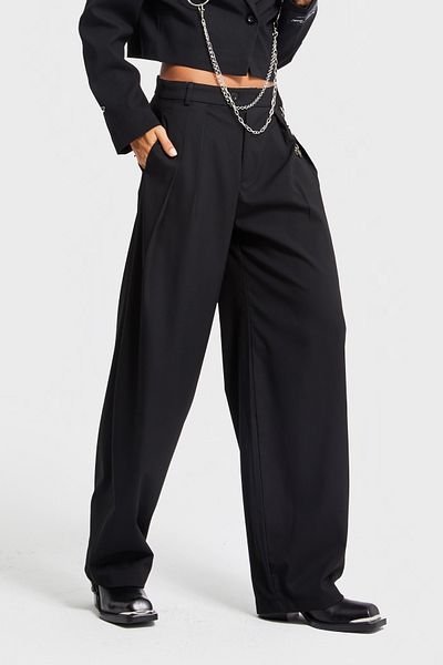 its basic Women's Black Color Accessory Detailed Loose Cut Woven Fabric Special Design Trousers