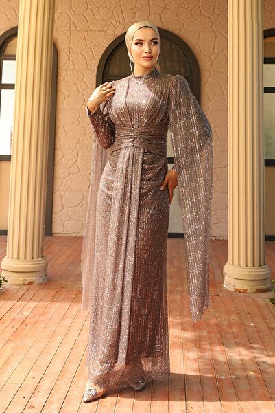 Olcay Sukienka wieczorowa hidżab z wiązaniem z przodu i cekinami A.KAHVE 1027