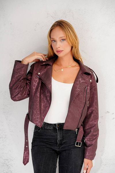 İLKCET MODA Leopard Patterned Burgundy Short Belted Women's Jacket