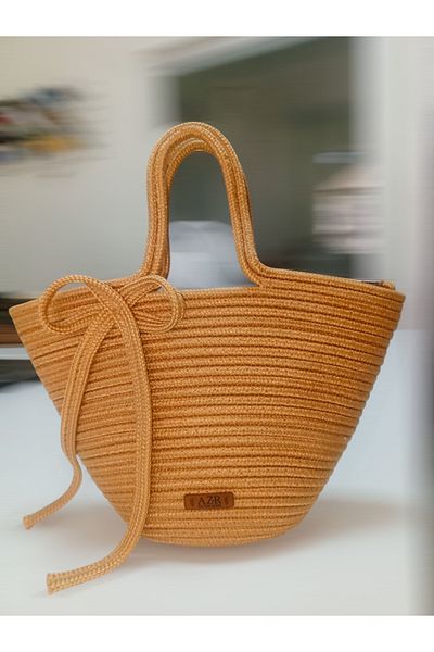 AZR HOME DESİGN Natural Jute Rope Gold Hand Bag Day Bag 23X40