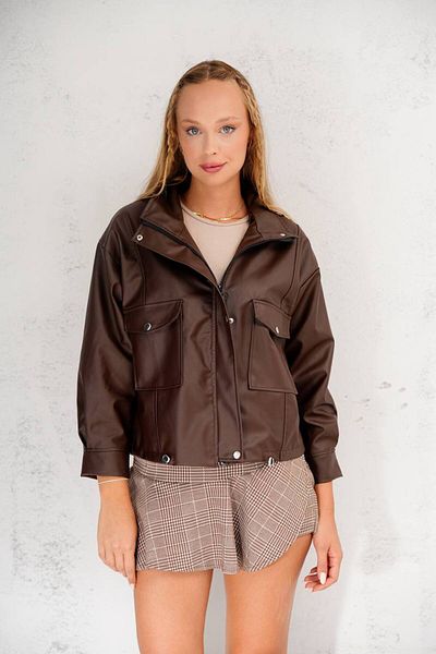 İLKCET MODA Oversize Pocket Bitter Brown Faux Leather Women's Zipper Jacket