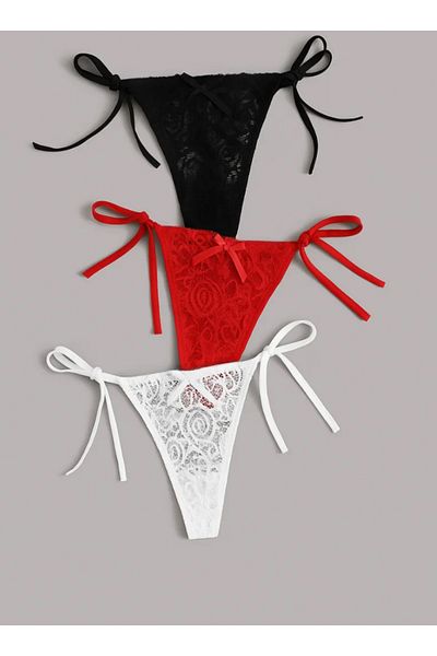 Cicişim Side Tie Lace 3-Piece Thong String