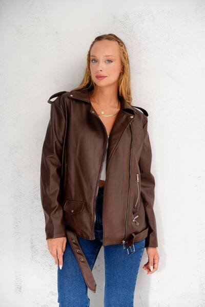 İLKCET MODA Women's Long Bitter Brown Oversize Faux Leather Jacket