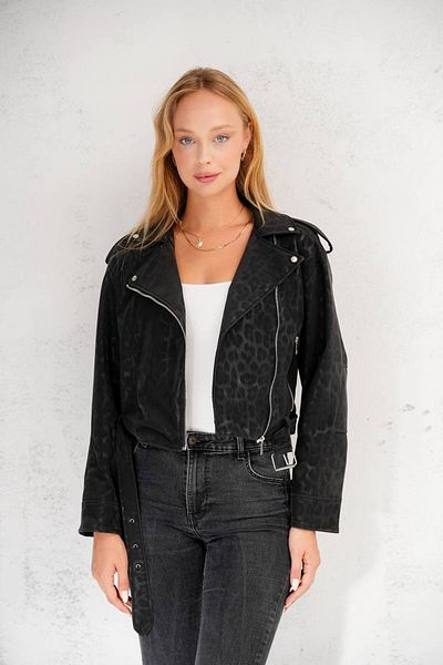 İLKCET MODA Leopard Patterned Black Short Belted Women's Jacket