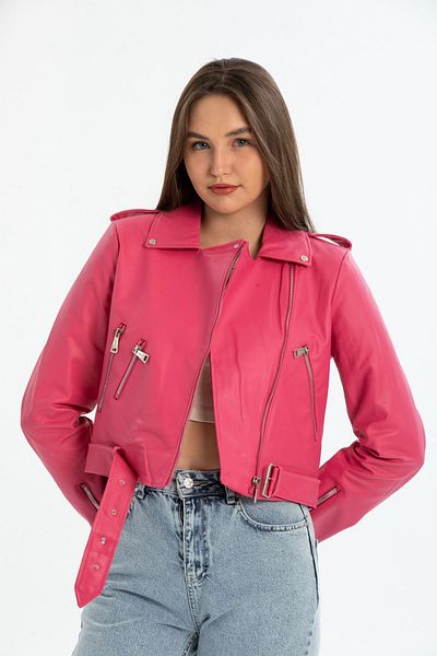İLKCET MODA Jachetă de damă roz slim fit cu mânecă cu fermoar